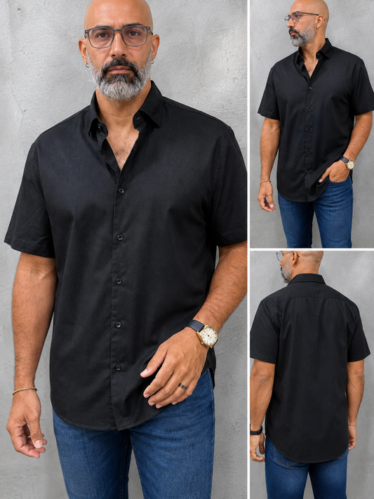 Camisa Manga Corta Hilo- “Solid Black” (Normal Fit)