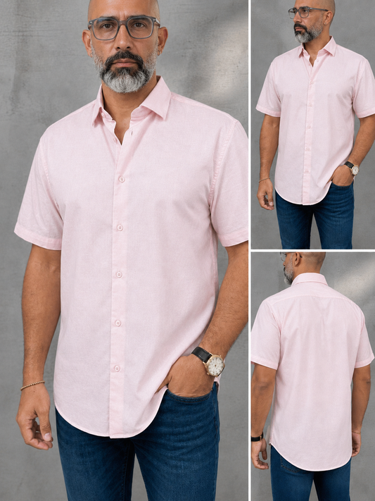 Camisa Manga Corta Hilo- “Solid Pink” (Normal Fit)