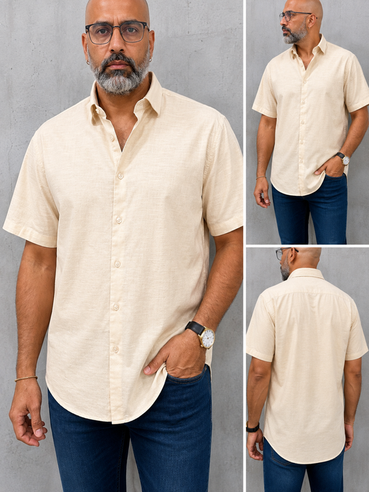 Camisa Manga Corta Hilo- “Solid Sand” (Normal Fit)