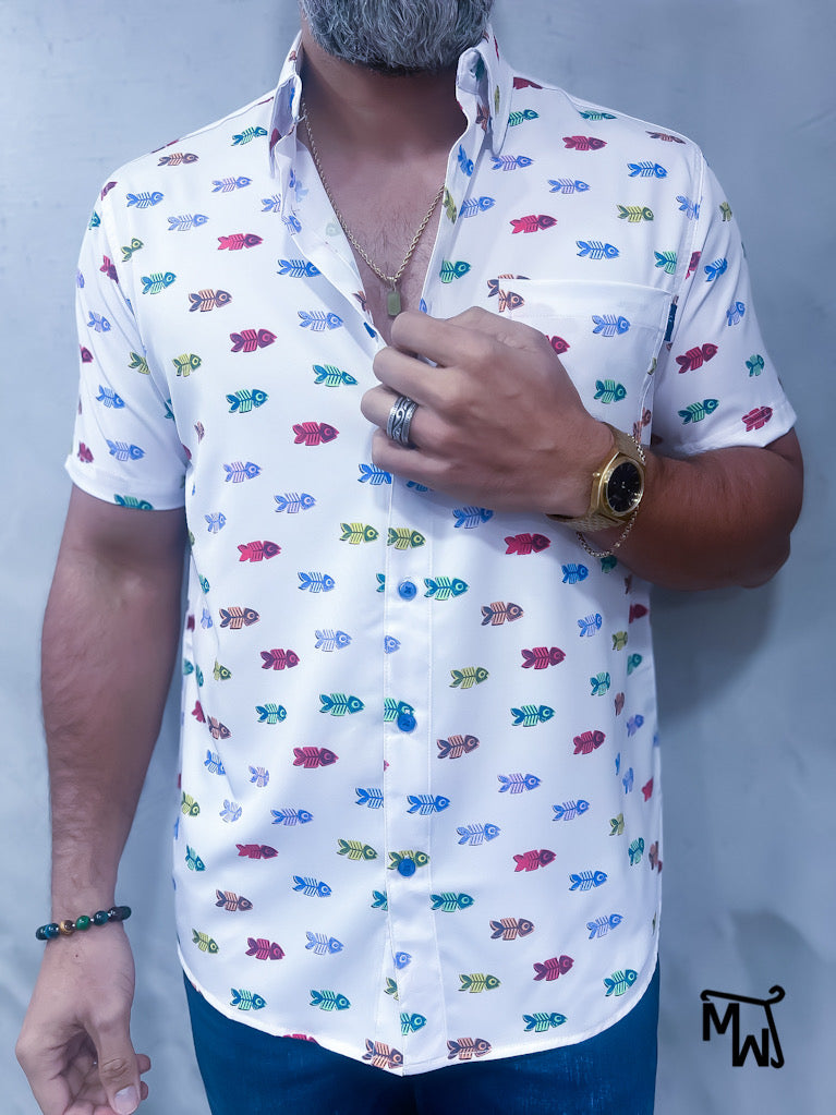 Camisa Híbrida- “ BLUE- RED FISH” (Normal Fit)
