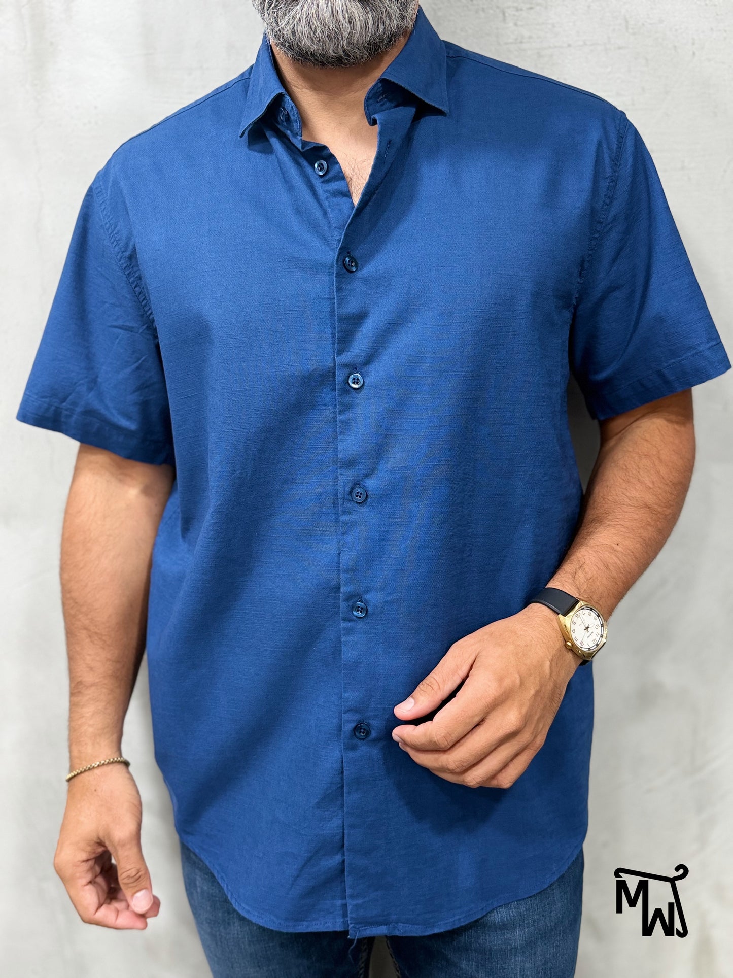 Camisa Manga Corta Hilo- “Solid Dark Blue” (Normal Fit)