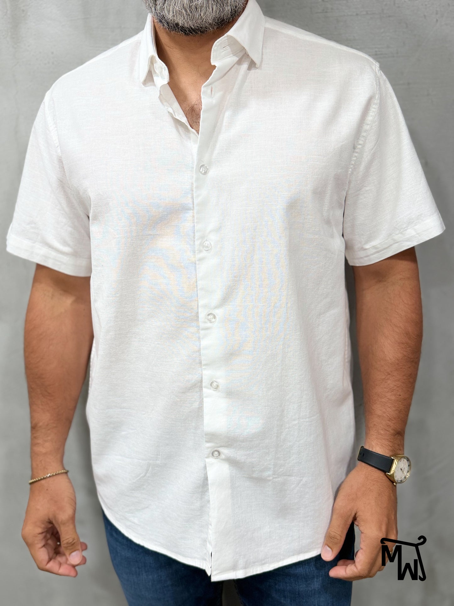 Camisa Manga Corta Hilo- “Solid White” (Normal Fit)