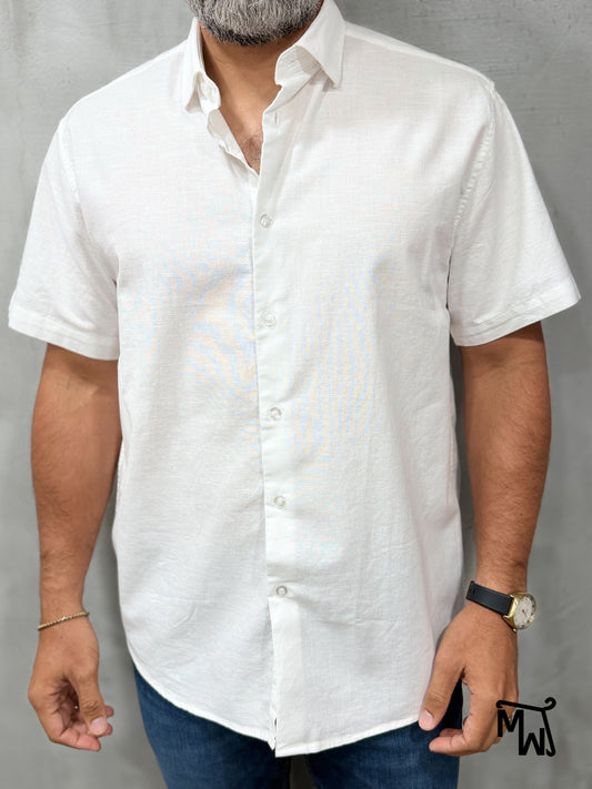 Camisa Manga Corta Hilo- “Solid White” (Normal Fit)