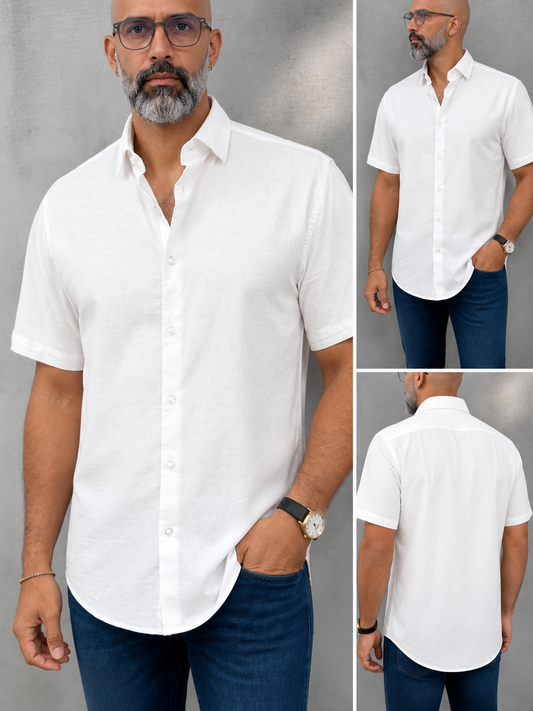 Camisa Manga Corta Hilo- “Solid White” (Normal Fit)