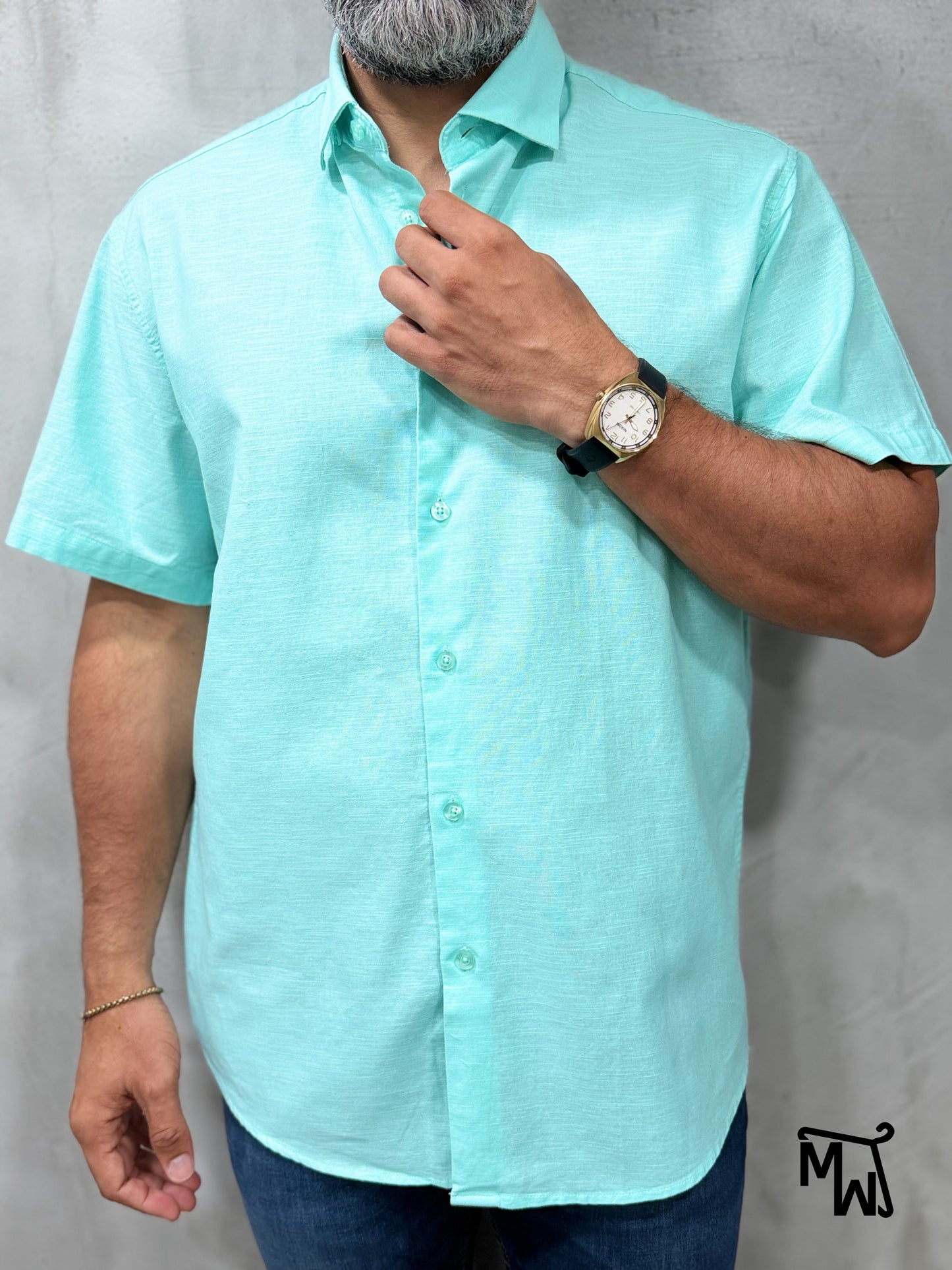 Camisa Manga Corta Hilo- “Solid Aqua” (Normal Fit)