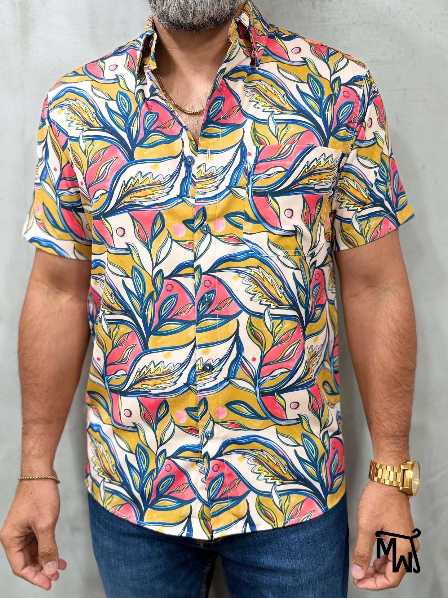 Camisa Híbrida- "Coral Leaf" (Normal Fit)