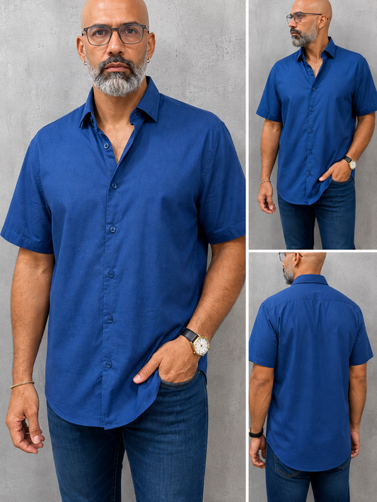 Camisa Manga Corta Hilo- “Solid Dark Blue” (Normal Fit)