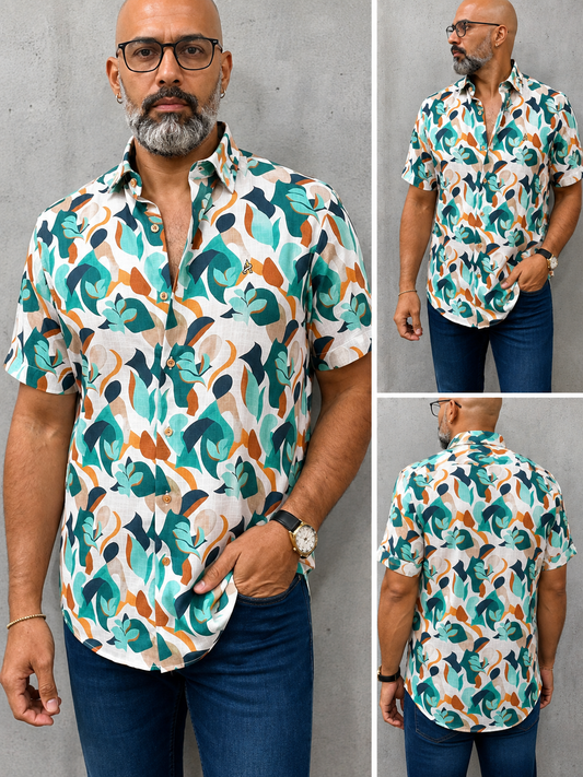 Camisa Manga Corta Hilo- “Palm and Sun” (Normal Fit)