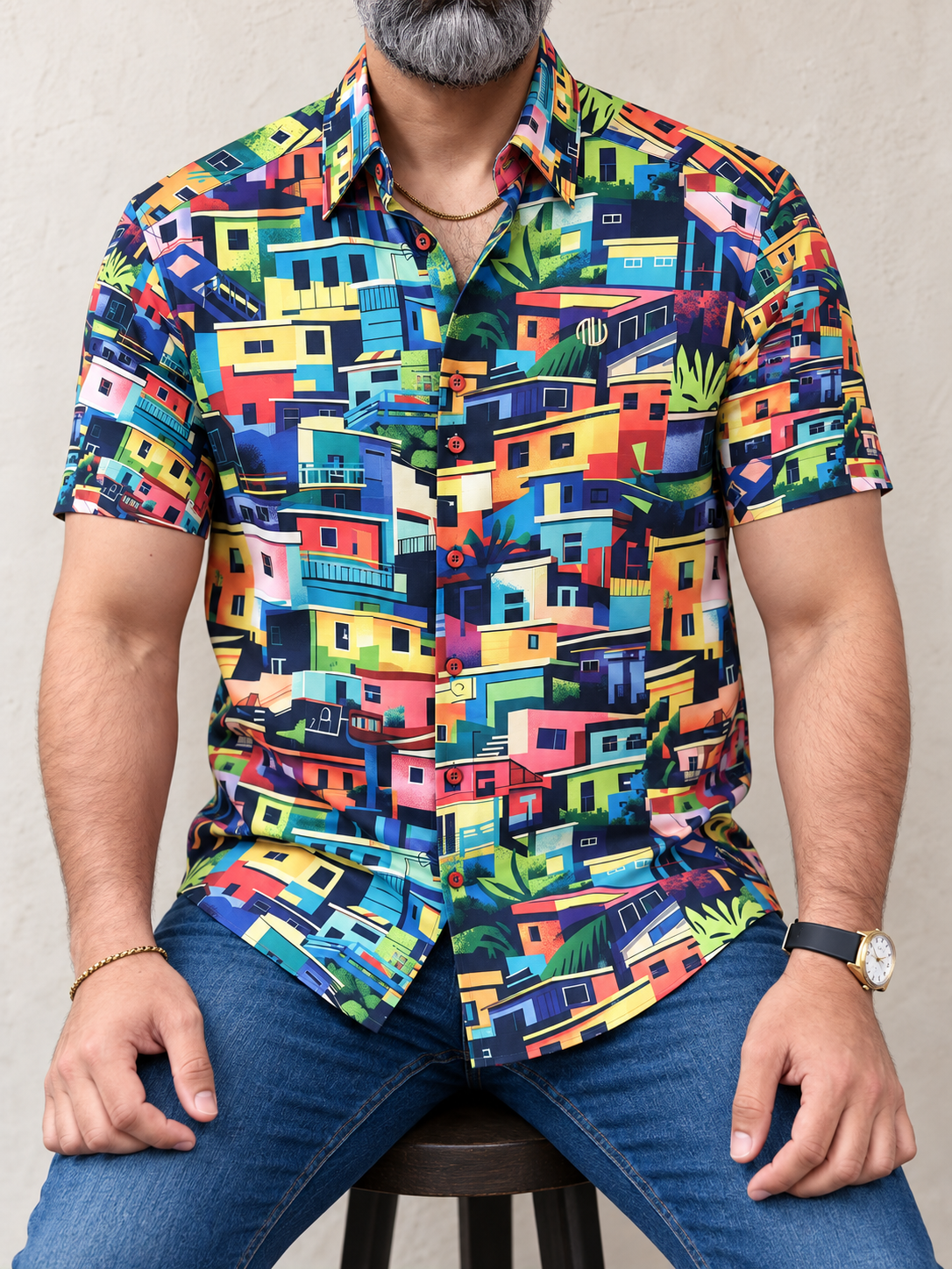Camisa MW La Perla 1700 con fachadas coloridas, vista frontal en modelo sentado