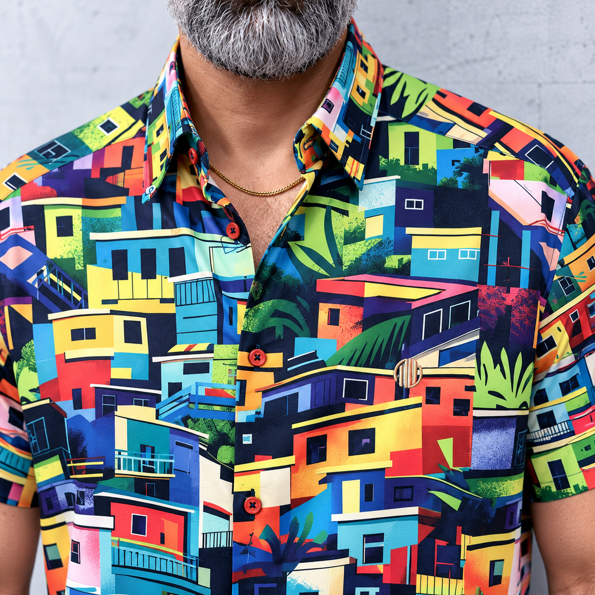 Detalle del cuello, botones y estampado de edificios multicolor de la camisa MW La Perla 1700