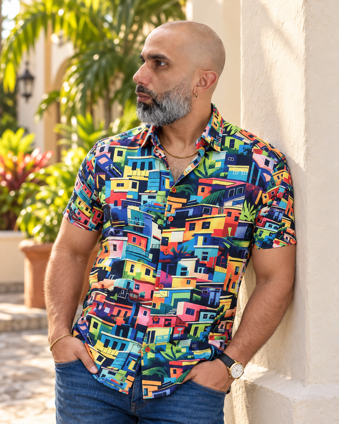 Modelo con camisa MW La Perla 1700 multicolor en ambiente tropical junto a una fachada