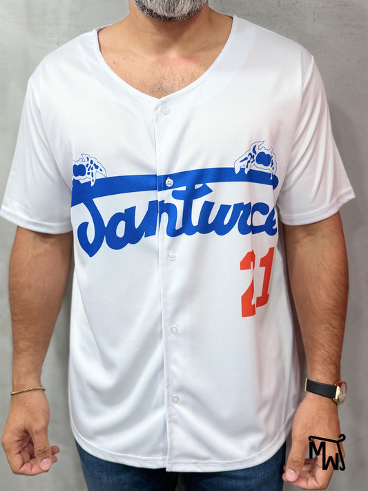 Baseball Shirt “SANTURCE” WHITE/BLUE (Slim Fit)