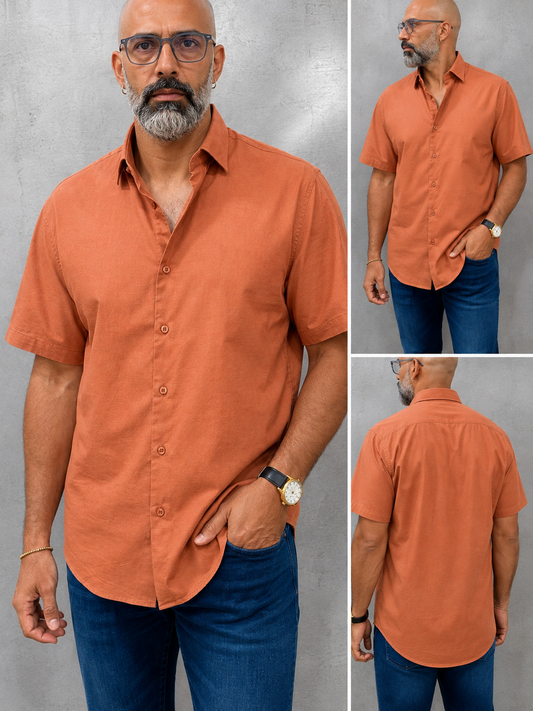 Camisa Manga Corta Hilo- “Solid Brick” (Normal Fit)