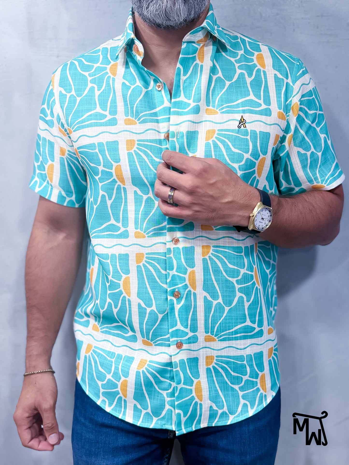 Camisa Manga Corta Hilo- “Mint Blossom” (Normal Fit)