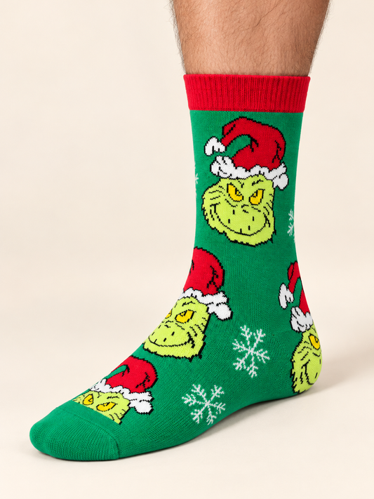 Medias Grinch Christmas para caballero, talla 6–12. Media puesta.
