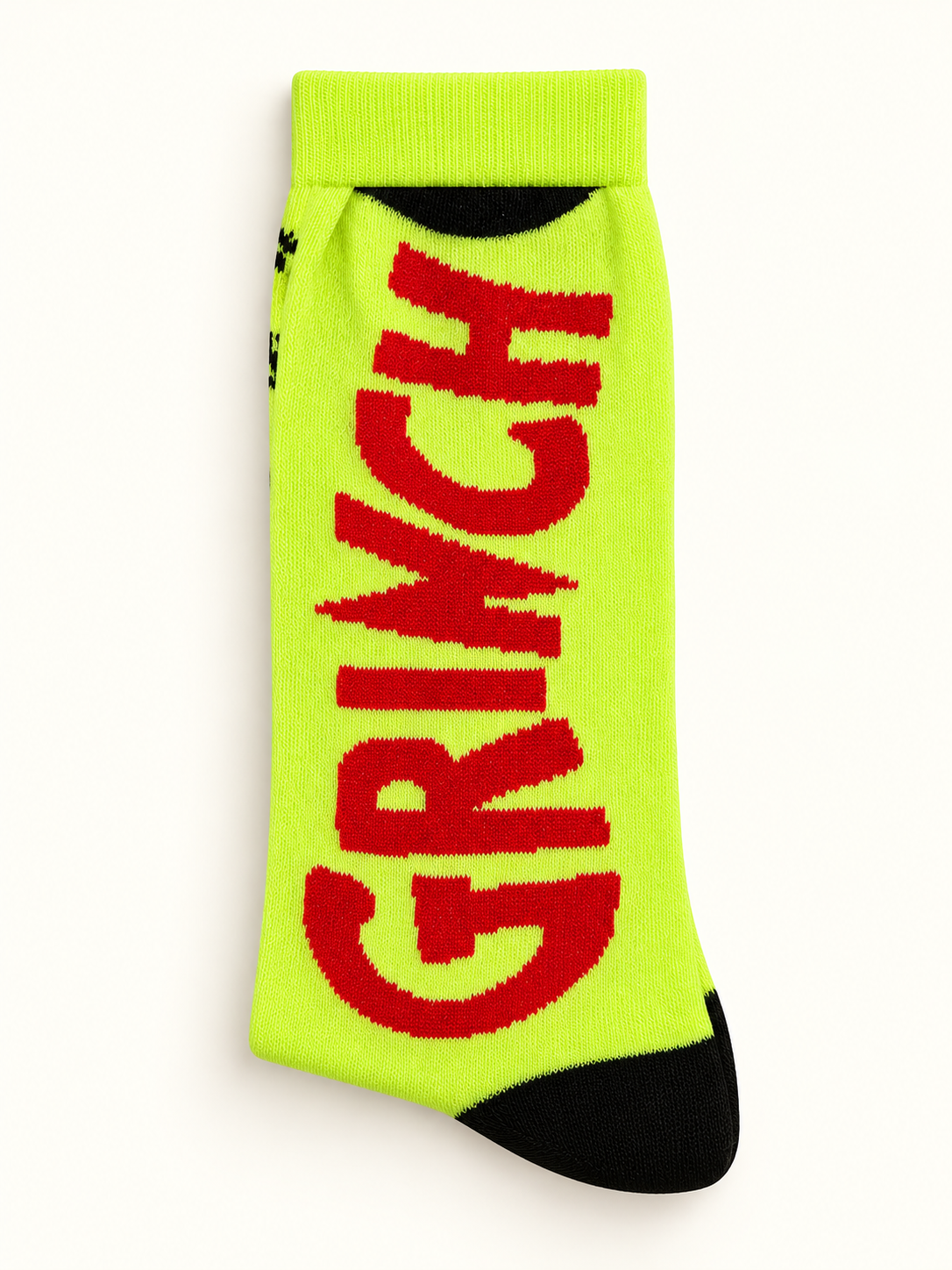 Medias Grinch Neon para caballero, talla 6–12. Reverso con letras GRINCH.