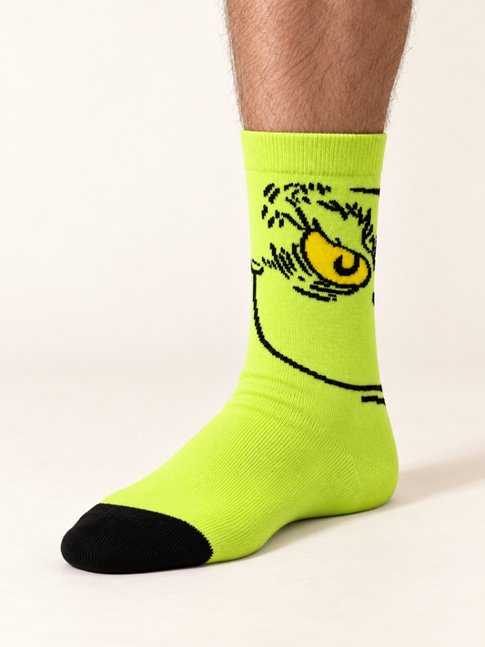 Medias Grinch Neon para caballero, talla 6–12. Media puesta.