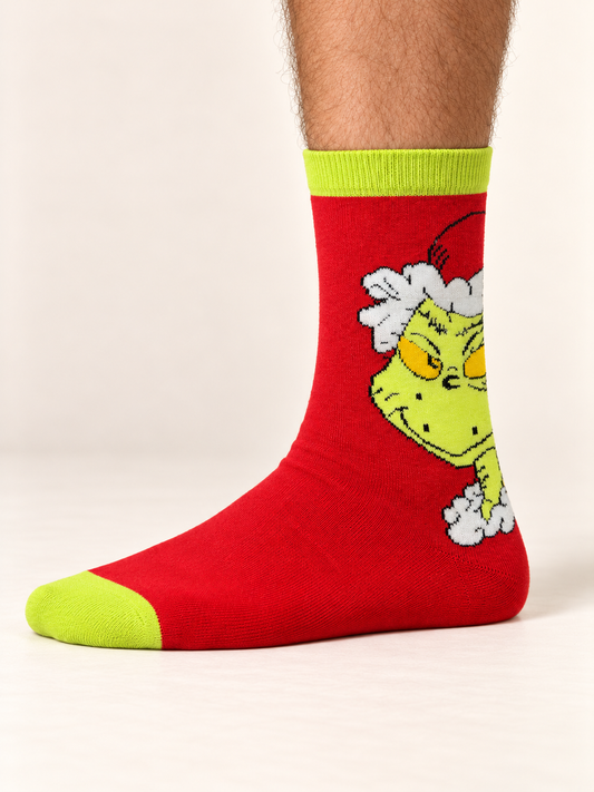 Medias Resting Grinch Face para caballero, talla 6–12. Media puesta.